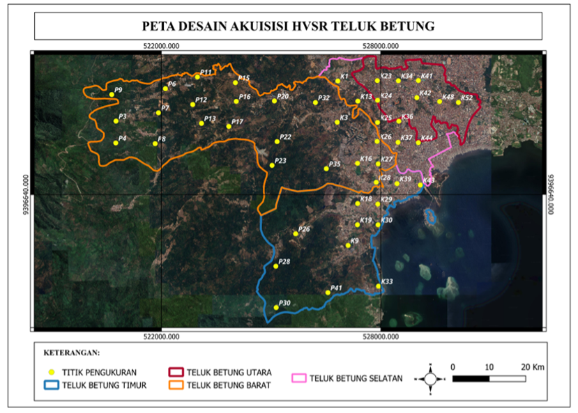Peta distribusi titik pengukuran metode HVSR di Kecamatan Teluk Betung, Bandar Lampung. Peta ini mencakup empat wilayah administratif: Teluk Betung Utara (garis merah), Teluk Betung Selatan (garis ungu), Teluk Betung Barat (garis oranye), dan Teluk Betung Timur (garis biru). Titik-titik pengukuran (ditandai dengan warna kuning) tersebar di seluruh wilayah untuk menganalisis karakteristik tanah dan potensi amplifikasi seismik guna mendukung penelitian mitigasi gempa bumi.